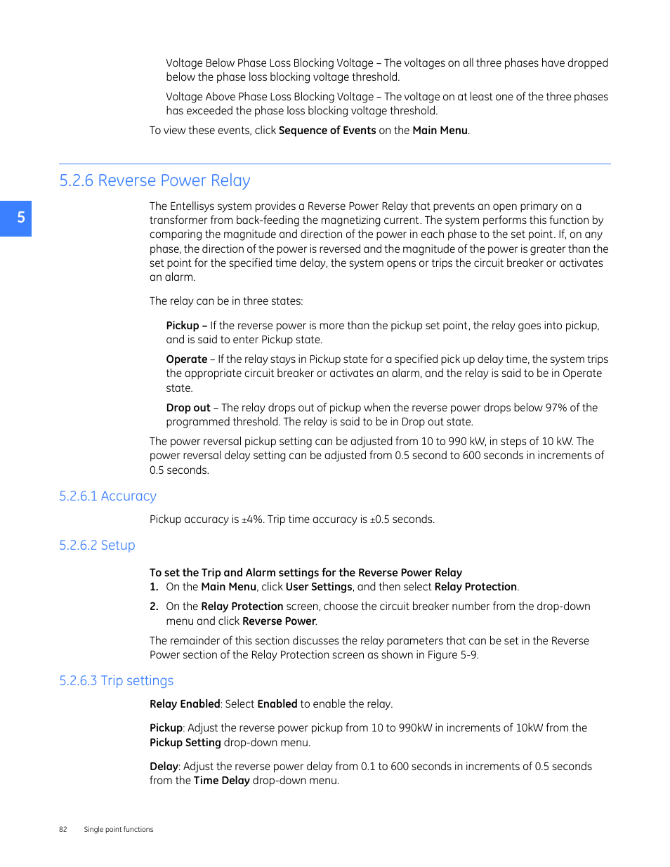6 reverse power relay, 1 accuracy, 2 setup | 3 trip settings, 1 accuracy 5.2.6.2 setup 5.2.6.3 trip settings | GE Industrial Solutions Entellisys 4.0 System User Manual User Manual | Page 82 / 274