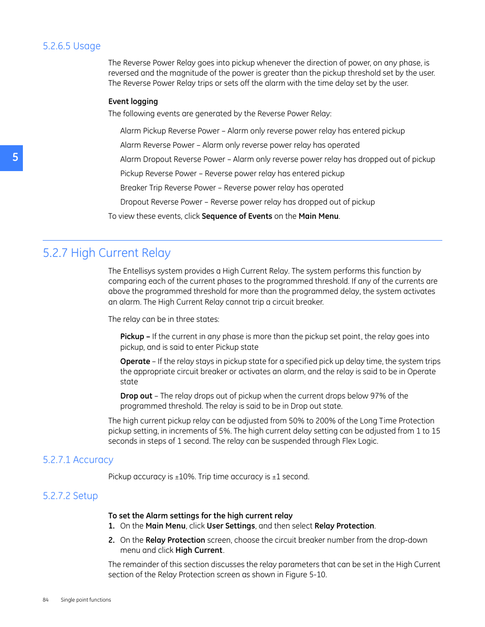 5 usage, 7 high current relay, 1 accuracy | 2 setup, 1 accuracy 5.2.7.2 setup | GE Industrial Solutions Entellisys 4.0 System User Manual User Manual | Page 84 / 274
