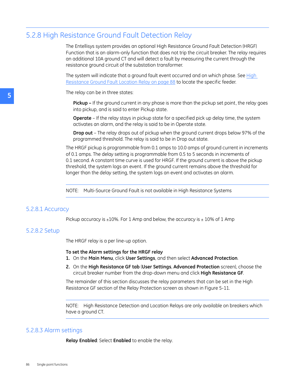 8 high resistance ground fault detection relay, 1 accuracy, 2 setup | 3 alarm settings, 1 accuracy 5.2.8.2 setup 5.2.8.3 alarm settings | GE Industrial Solutions Entellisys 4.0 System User Manual User Manual | Page 86 / 274