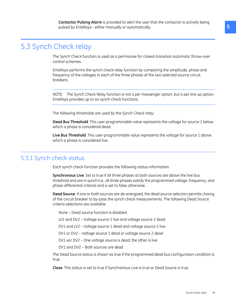 3 synch check relay, 1 synch check status | GE Industrial Solutions Entellisys 4.0 System User Manual User Manual | Page 95 / 274