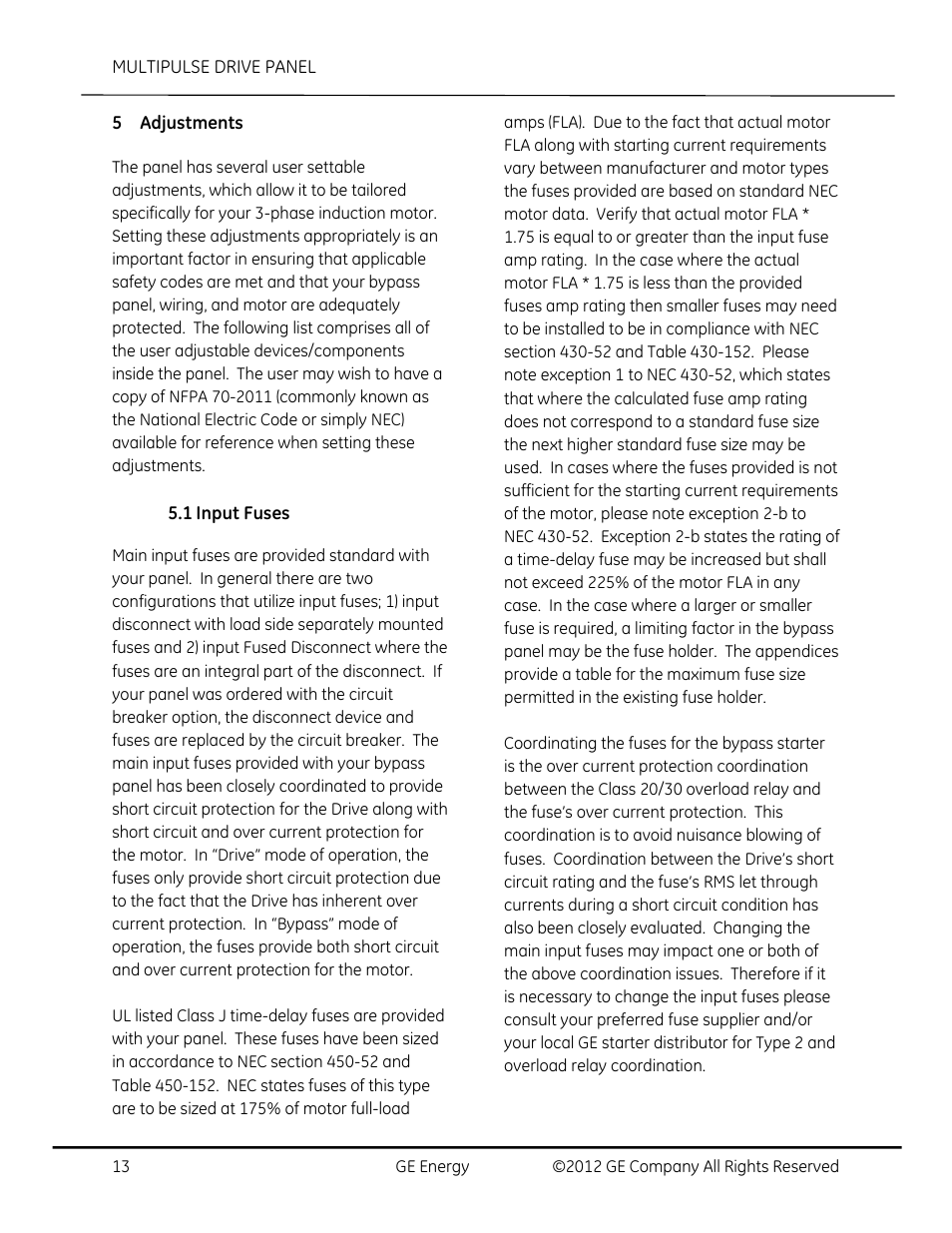 Adjustments, Input fuses | GE Industrial Solutions AF-650 GP MultiPulse Drive Panel User Manual | Page 13 / 37