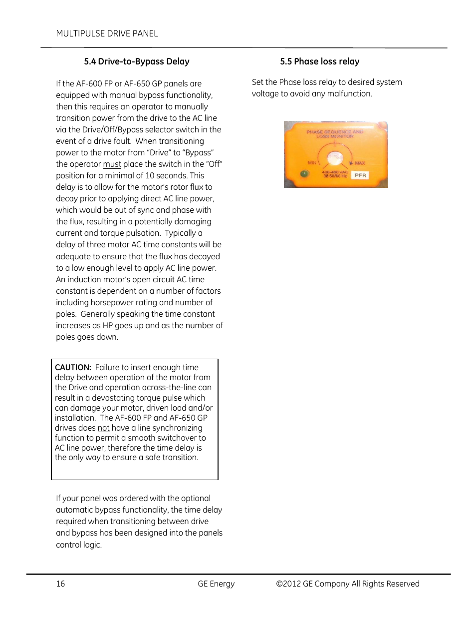 Drive-to-bypass delay, Phase loss relay | GE Industrial Solutions AF-650 GP MultiPulse Drive Panel User Manual | Page 16 / 37