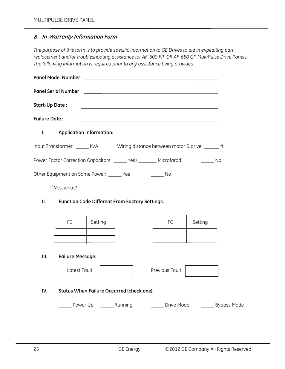 In-warranty information form | GE Industrial Solutions AF-650 GP MultiPulse Drive Panel User Manual | Page 25 / 37
