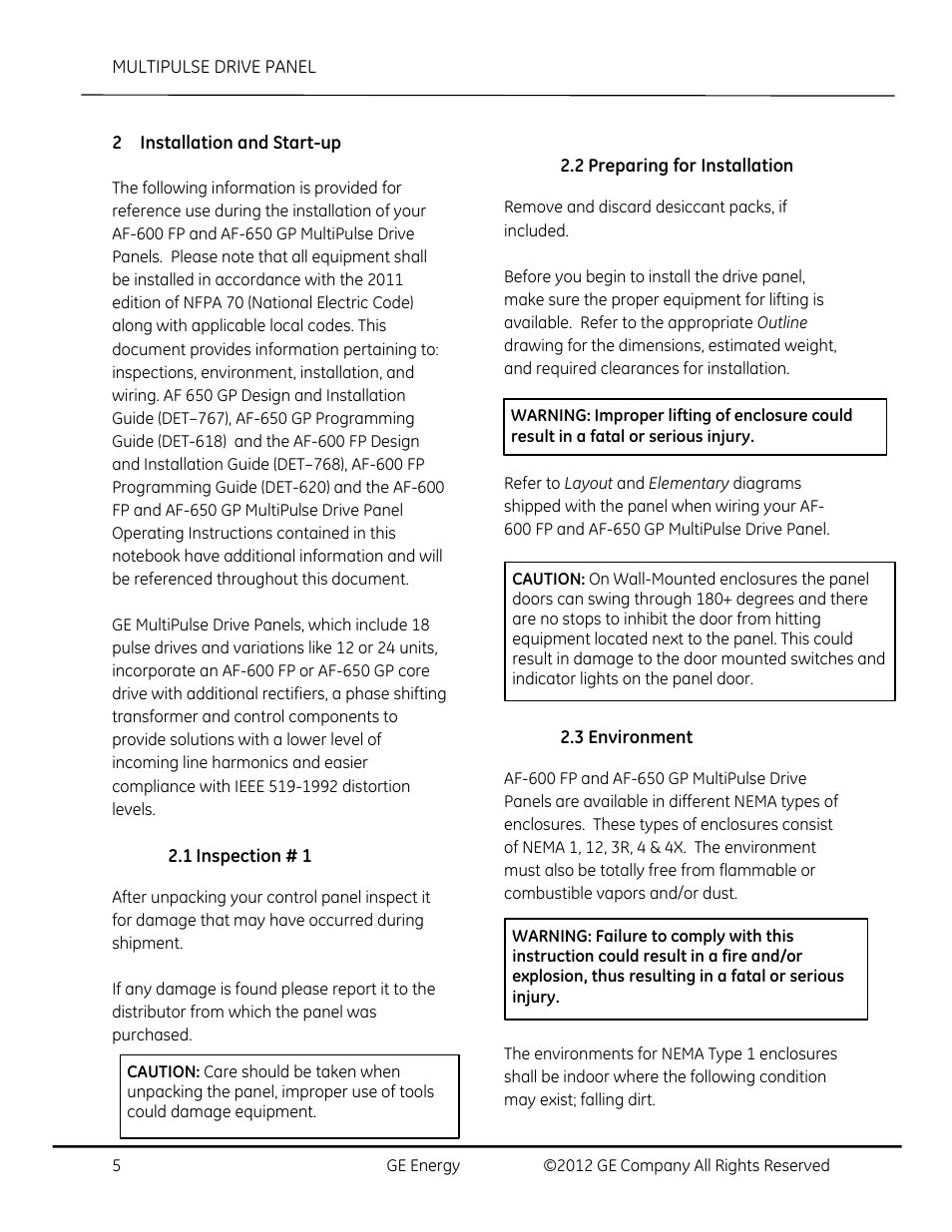 Installation and start-up, Inspection # 1, Preparing for installation | Environment | GE Industrial Solutions AF-650 GP MultiPulse Drive Panel User Manual | Page 5 / 37