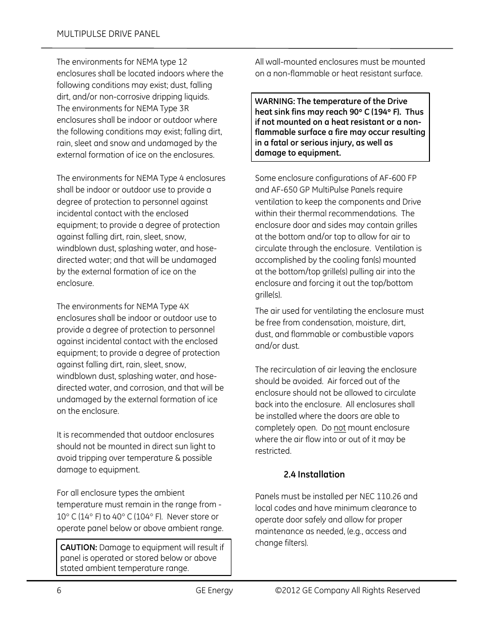 Installation | GE Industrial Solutions AF-650 GP MultiPulse Drive Panel User Manual | Page 6 / 37
