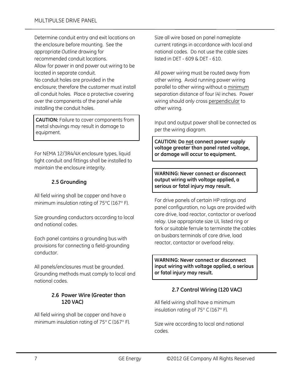 Grounding, Power wire (greater than 120 vac), Control wiring (120 vac) | GE Industrial Solutions AF-650 GP MultiPulse Drive Panel User Manual | Page 7 / 37