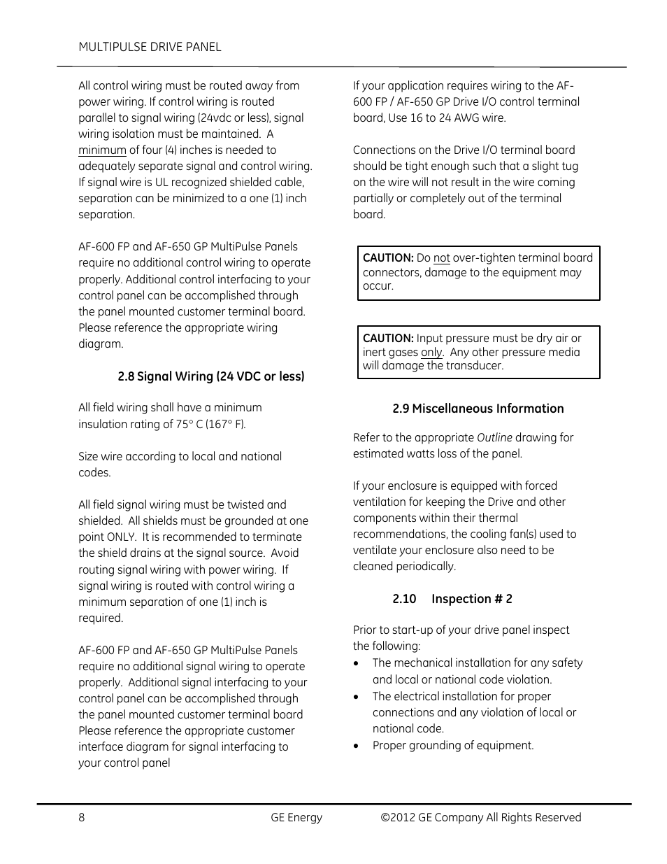 Signal wiring (24 vdc or less), Miscellaneous information, Inspection # 2 | GE Industrial Solutions AF-650 GP MultiPulse Drive Panel User Manual | Page 8 / 37