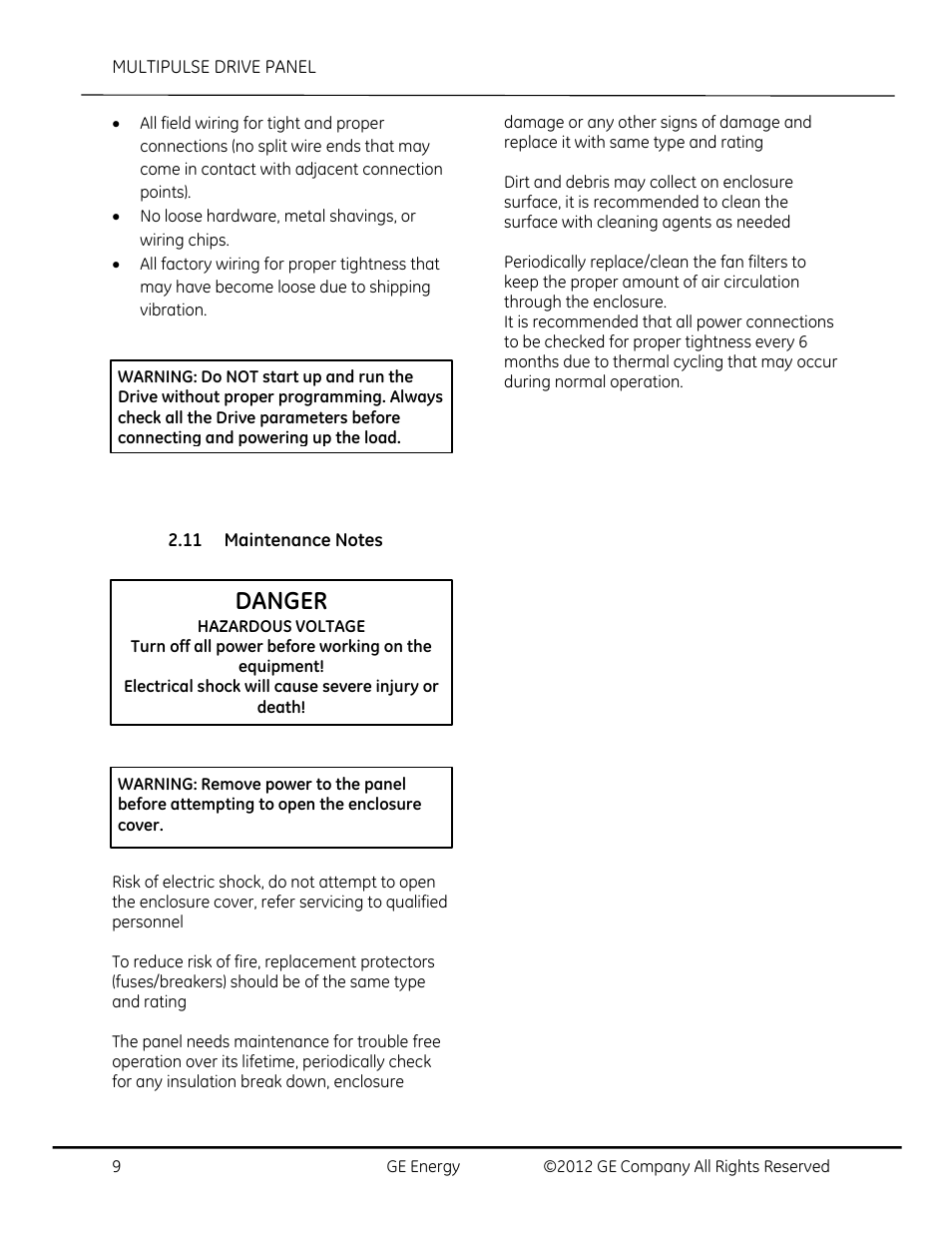 Maintenance notes, Danger | GE Industrial Solutions AF-650 GP MultiPulse Drive Panel User Manual | Page 9 / 37