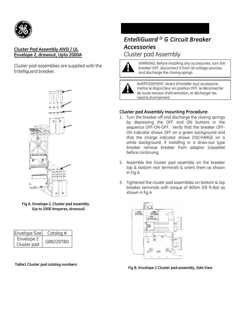 GE Industrial Solutions EntelliGuard G Cluster pad ANSI _ UL Envelope 2, drawout, Upto 2000A User Manual | 2 pages