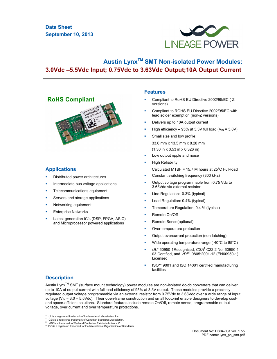 GE Industrial Solutions Austin Lynx SMT User Manual | 20 pages