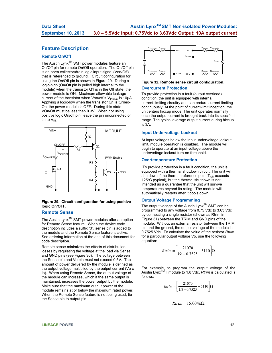 Feature description, Austin lynx, Remote sense | GE Industrial Solutions Austin Lynx SMT User Manual | Page 12 / 20