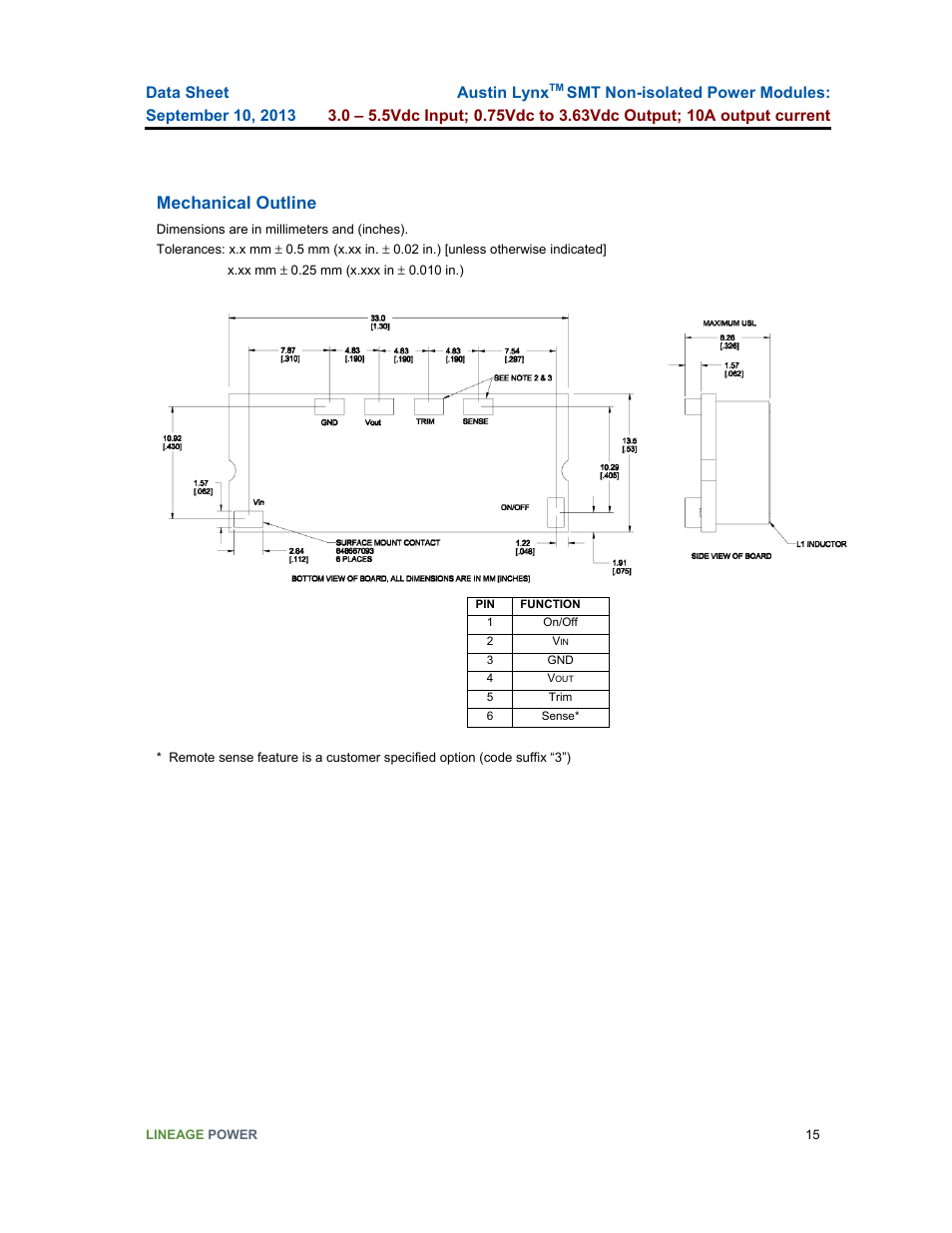 Mechanical outline | GE Industrial Solutions Austin Lynx SMT User Manual | Page 15 / 20