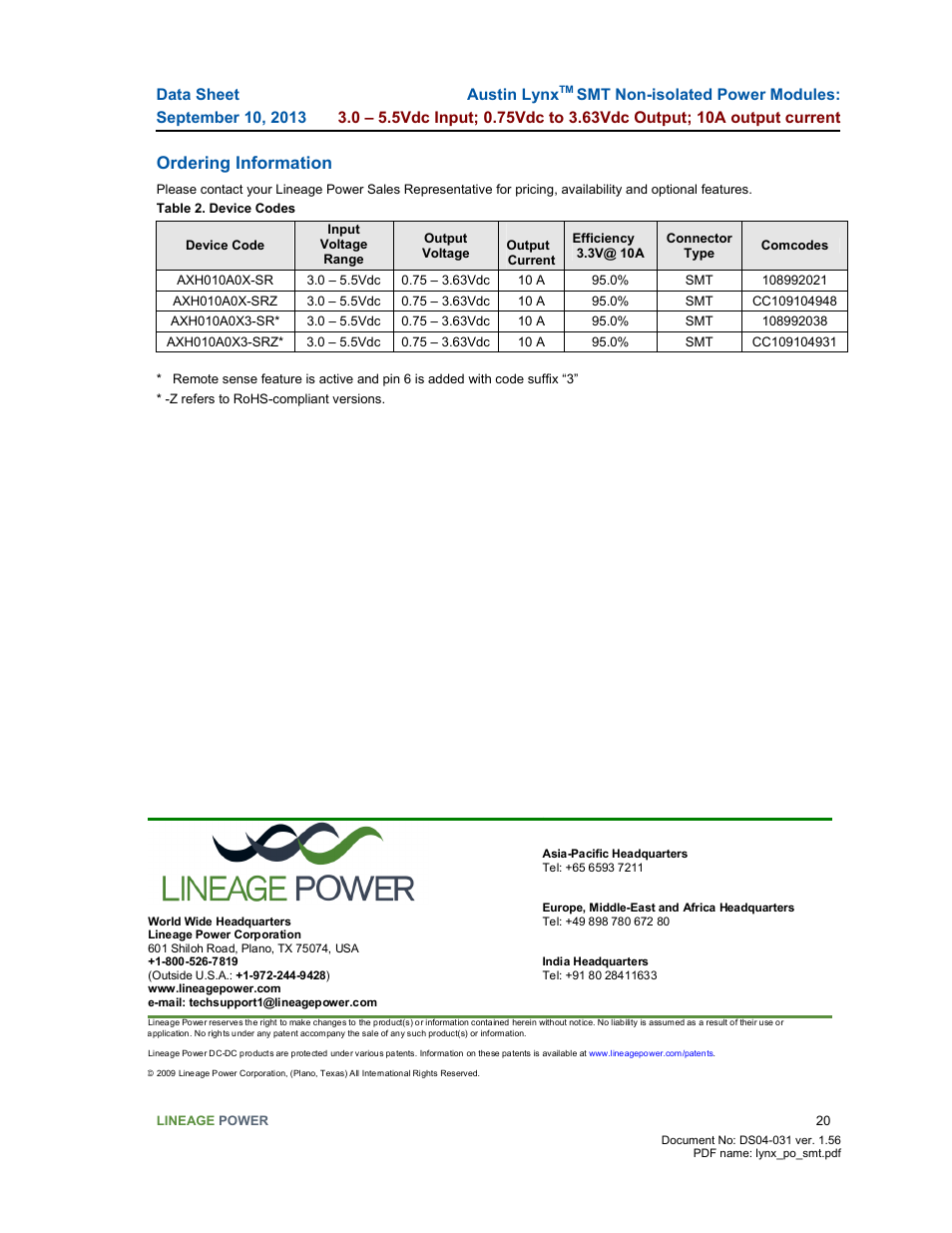 Ordering information | GE Industrial Solutions Austin Lynx SMT User Manual | Page 20 / 20