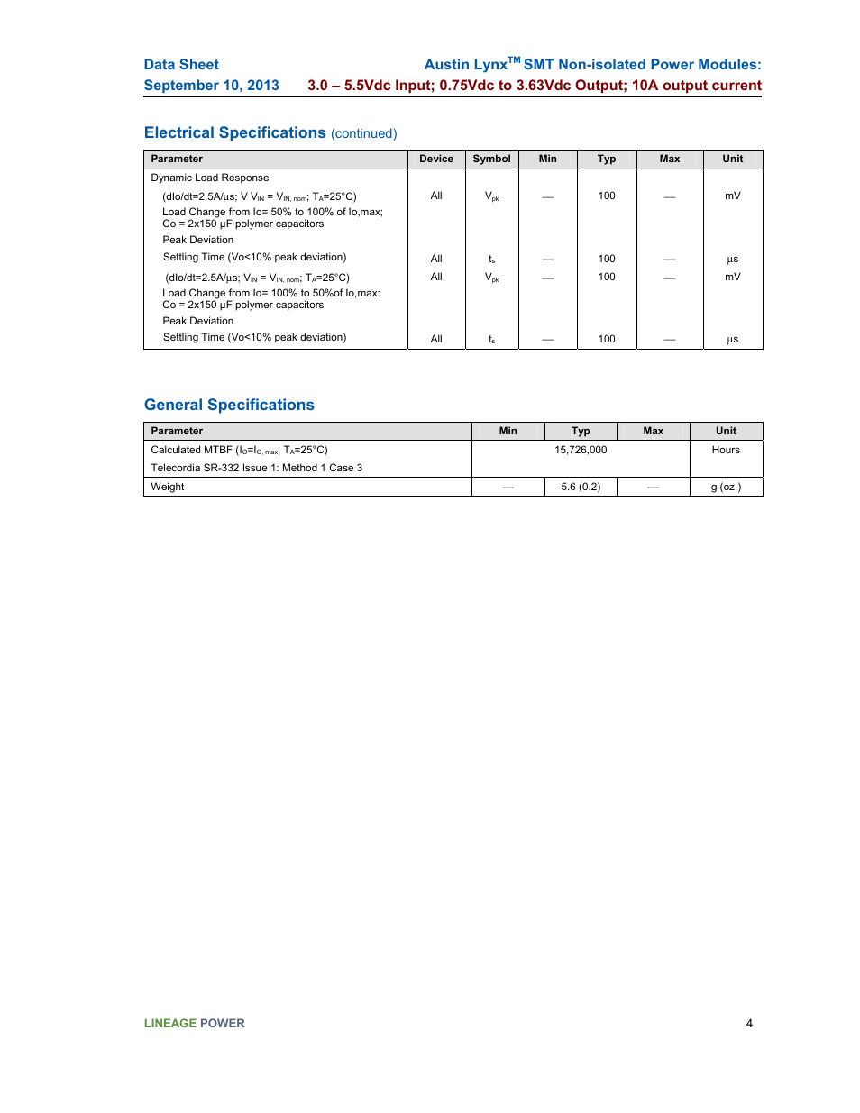 Electrical specifications, General specifications, Austin lynx | GE Industrial Solutions Austin Lynx SMT User Manual | Page 4 / 20