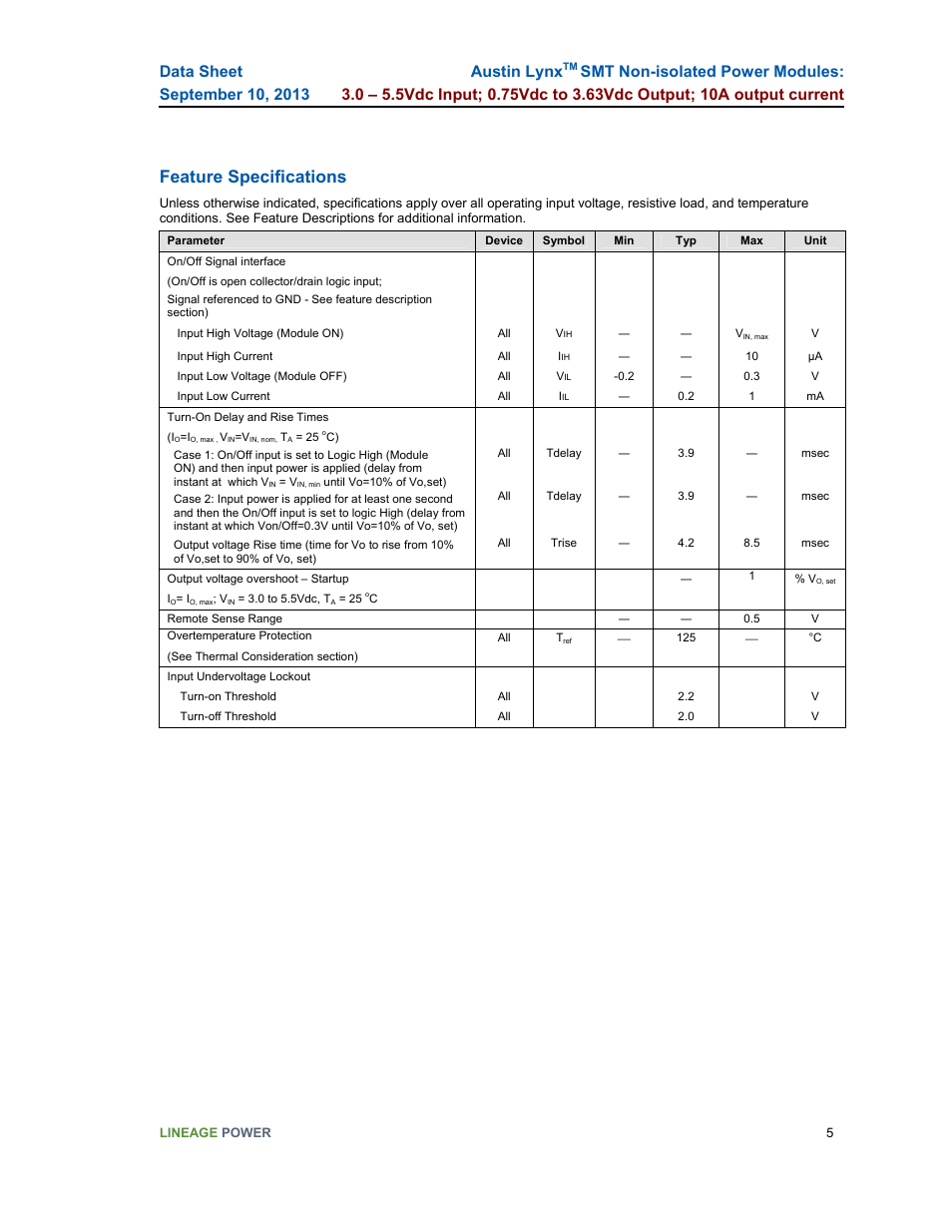 Feature specifications, Austin lynx | GE Industrial Solutions Austin Lynx SMT User Manual | Page 5 / 20