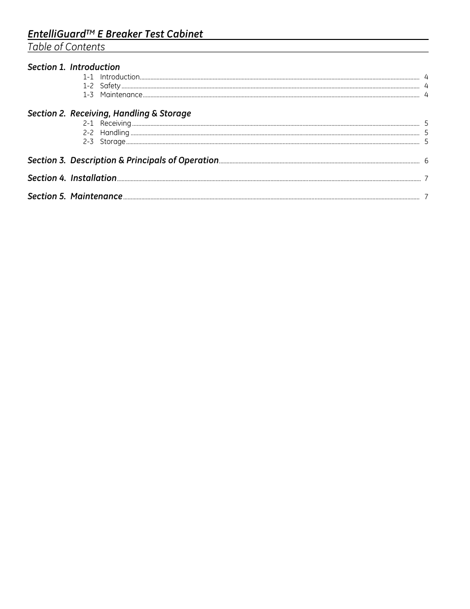 Entelliguard, E breaker test cabinet table of contents | GE Industrial Solutions EntelliGuard E Test Cabinet User Manual | Page 2 / 12