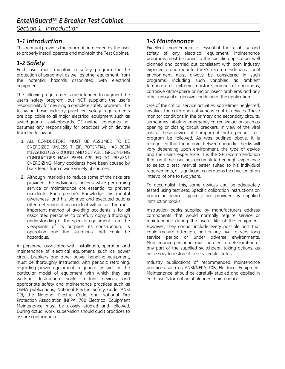 Entelliguard, 1 introduction, 2 safety | 3 maintenance | GE Industrial Solutions EntelliGuard E Test Cabinet User Manual | Page 4 / 12