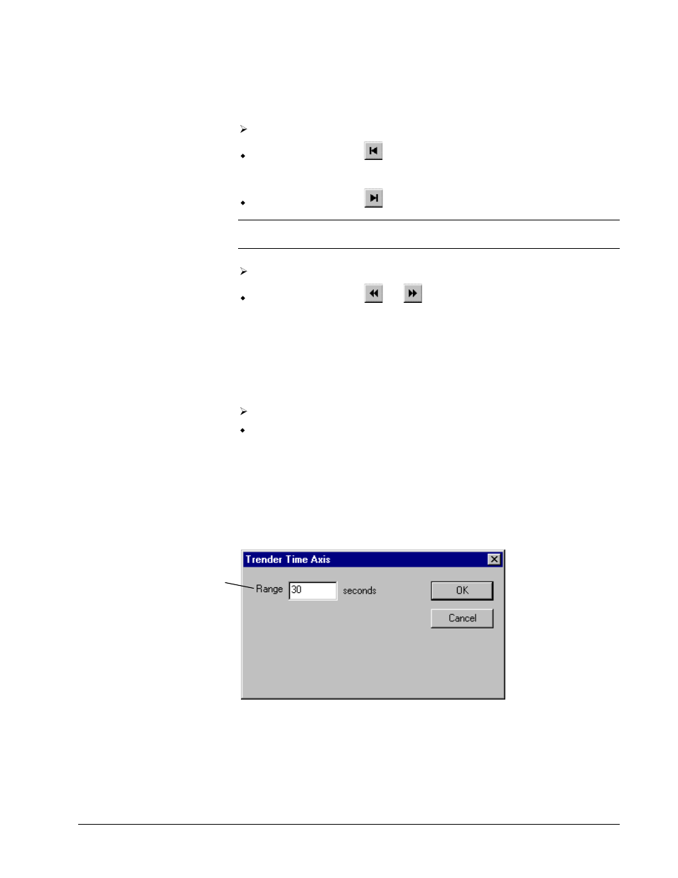 Moving between events, Changing the time axis, Trender time axis | GE Industrial Solutions Control System Toolbox For Configuring the Trend Recorder User Manual | Page 32 / 48