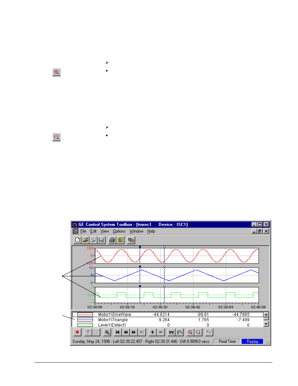 Zoom in/ zoom out, Stacked signal traces | GE Industrial Solutions Control System Toolbox For Configuring the Trend Recorder User Manual | Page 34 / 48