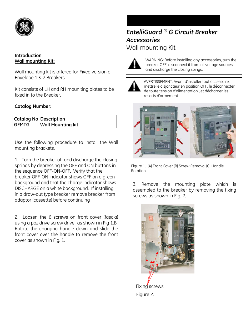 GE Industrial Solutions EntelliGuard G Wall mounting Kit User Manual | 2 pages