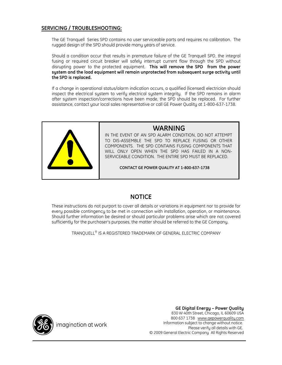 Warning, Notice | GE Industrial Solutions Tranquell Series Low and Medium User Manual | Page 18 / 18