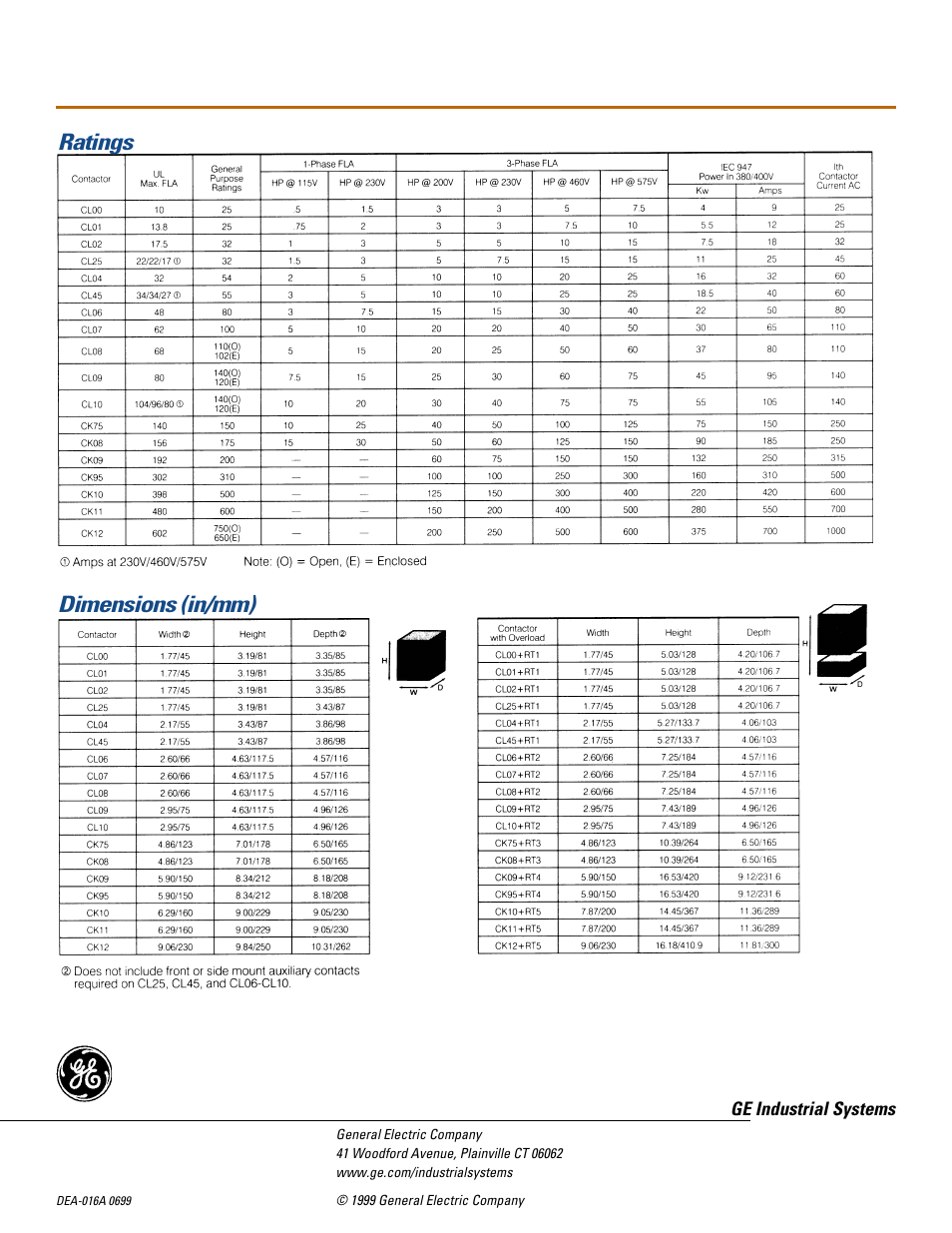 Ratings dimensions (in/mm) | GE Industrial Solutions C-2000 Contactors & Starters User Manual | Page 6 / 6