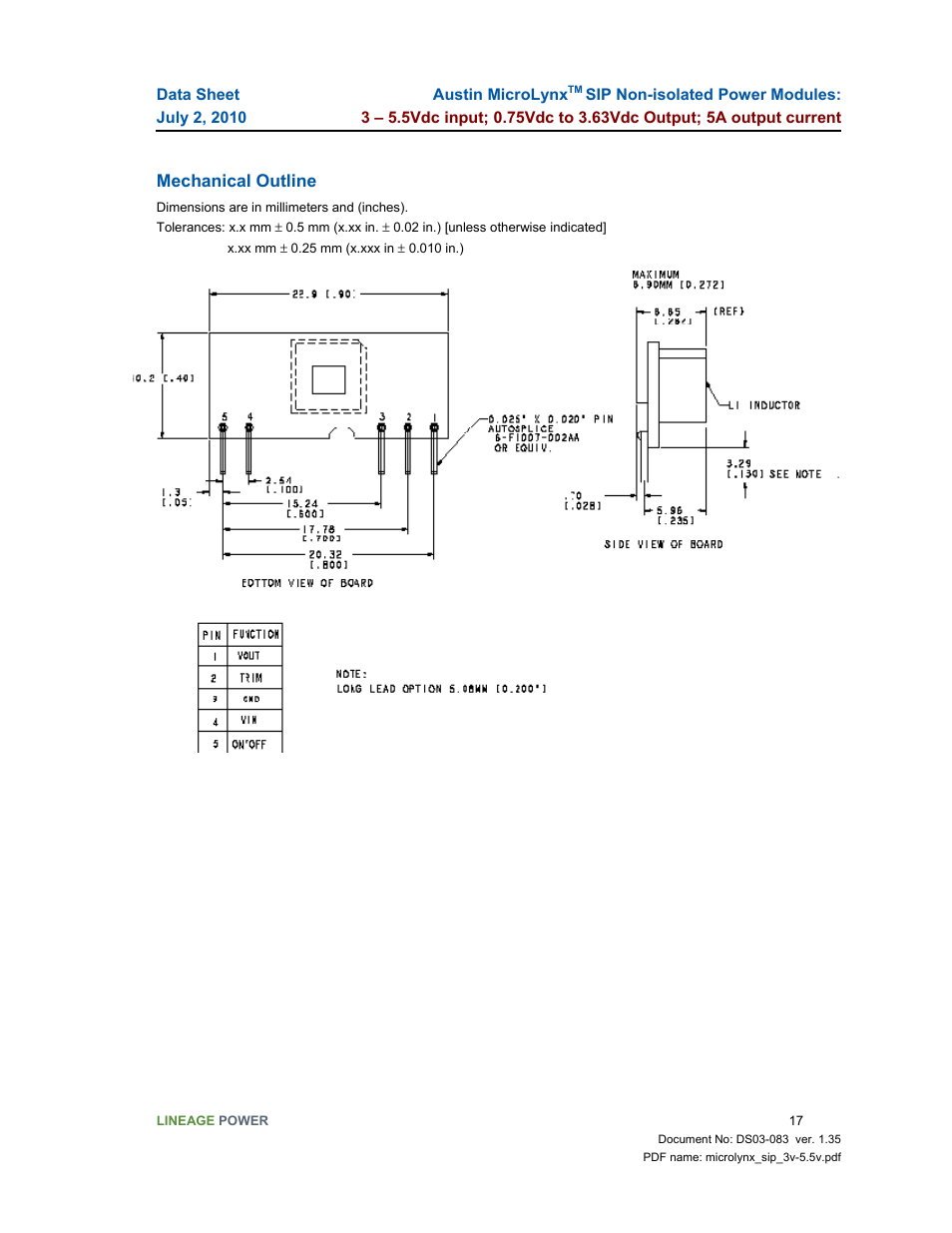 GE Industrial Solutions Austin Microlynx SIP User Manual | Page 17 / 19