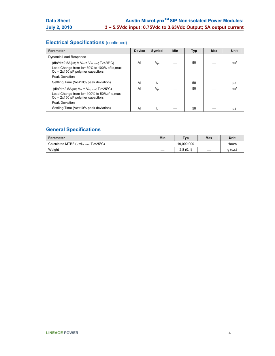 Electrical specifications, General specifications, Austin microlynx | GE Industrial Solutions Austin Microlynx SIP User Manual | Page 4 / 19
