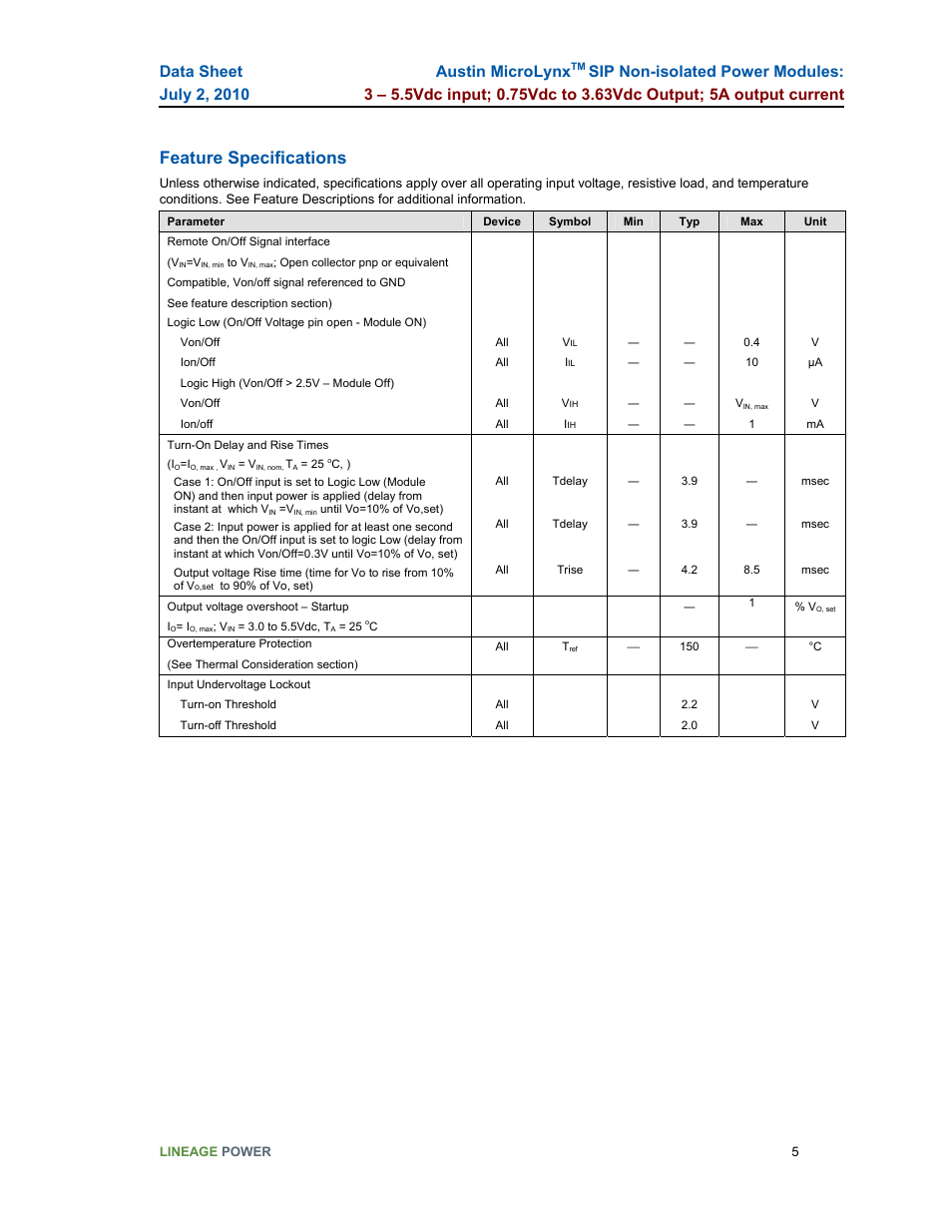 Feature specifications, Austin microlynx | GE Industrial Solutions Austin Microlynx SIP User Manual | Page 5 / 19