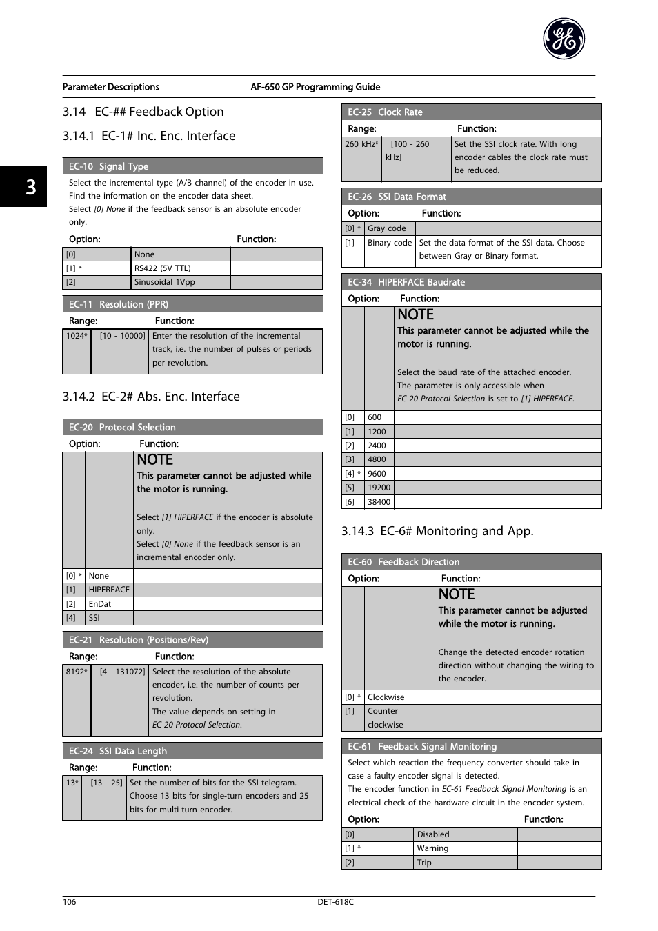 14 ec-## feedback option, 2 ec-2# abs. enc. interface, 3 ec-6# monitoring and app | GE Industrial Solutions AF-650 GP General Purpose Drive Programming Guide User Manual | Page 107 / 175