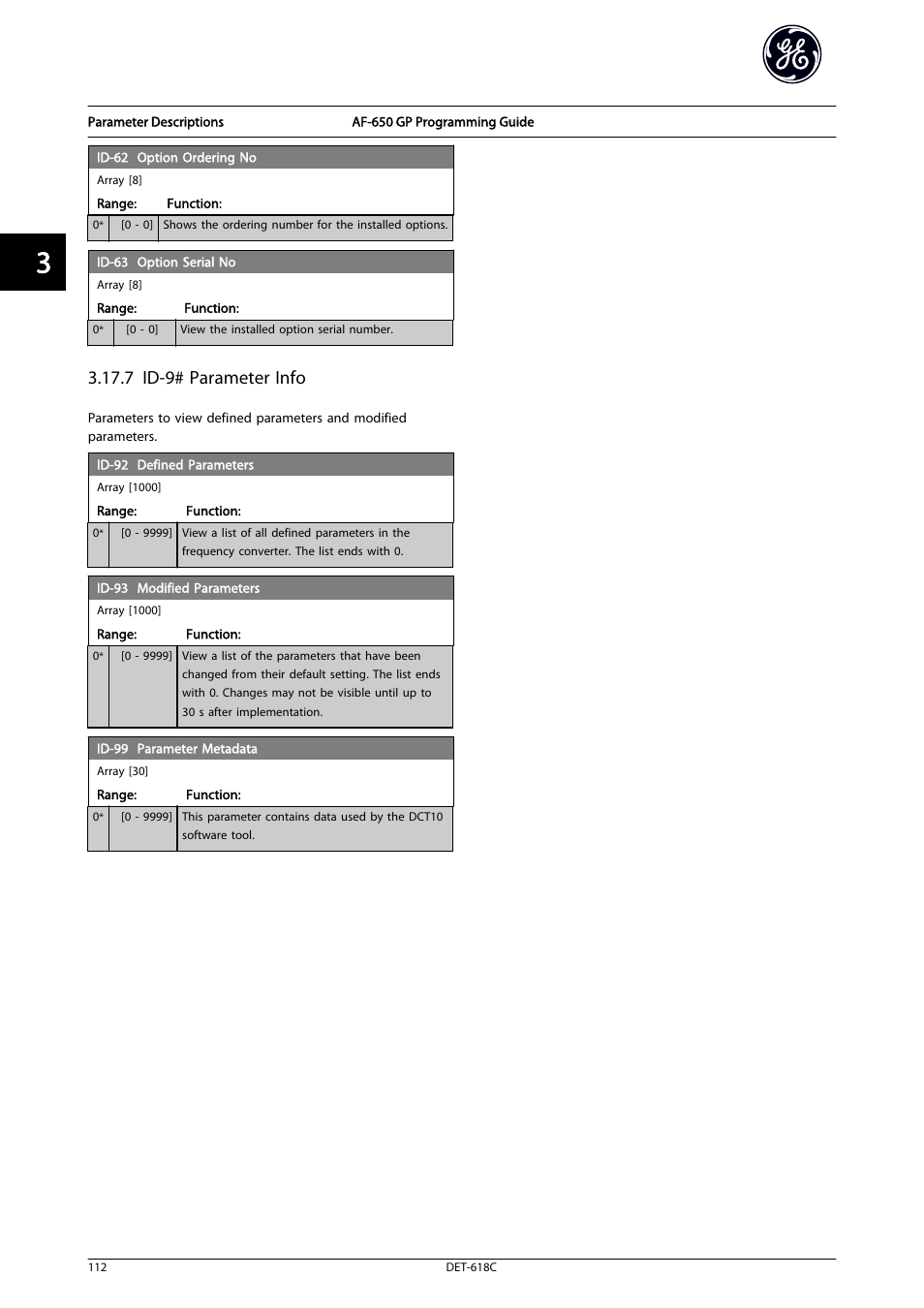 7 id-9# parameter info | GE Industrial Solutions AF-650 GP General Purpose Drive Programming Guide User Manual | Page 113 / 175