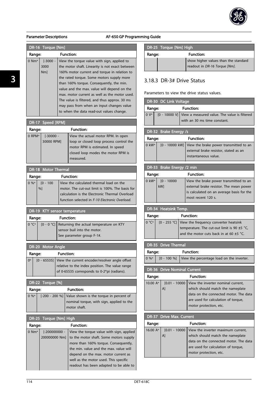16 torque [nm, 17 speed [rpm, 18 motor thermal | Motor angle, Dc link voltage, Brake energy /s, Brake energy /2 min, Heatsink temp, Drive thermal, Drive nominal current | GE Industrial Solutions AF-650 GP General Purpose Drive Programming Guide User Manual | Page 115 / 175