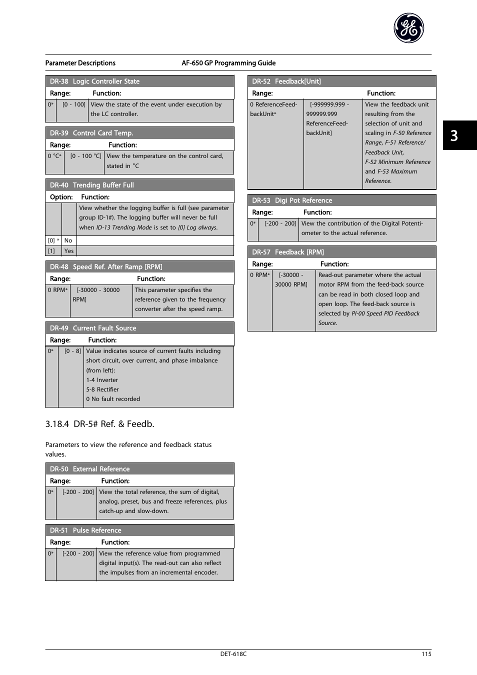 Logic controller state, R-39 control card temp, Trending buffer full | External reference, Pulse reference, Feedback[unit, Digi pot reference, 4 dr-5# ref. & feedb | GE Industrial Solutions AF-650 GP General Purpose Drive Programming Guide User Manual | Page 116 / 175