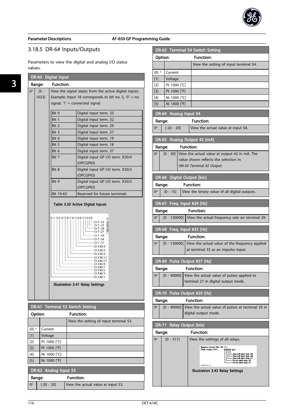 Digital input, Terminal 53 switch setting, Analog input 53 | Terminal 54 switch setting, Analog input 54, 5 analog output 42 [ma, Digital output [bin, R-67 freq. input #29 [hz, R-68 freq. input #33 [hz, Pulse output #27 [hz | GE Industrial Solutions AF-650 GP General Purpose Drive Programming Guide User Manual | Page 117 / 175