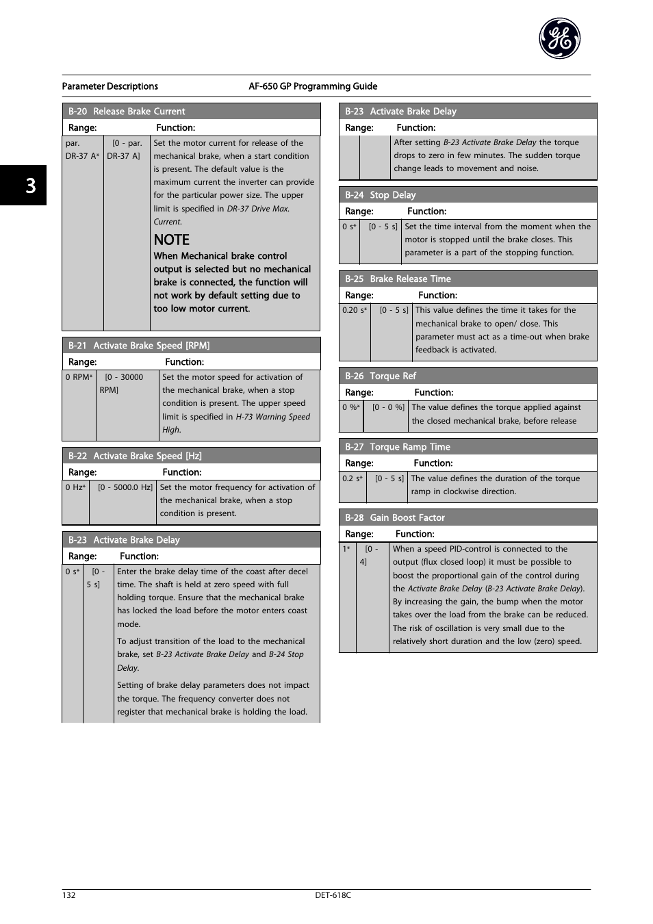 Stop delay, B-28 gain boost, Factor | B-20 release brake current, Activate brake speed [rpm | GE Industrial Solutions AF-650 GP General Purpose Drive Programming Guide User Manual | Page 133 / 175