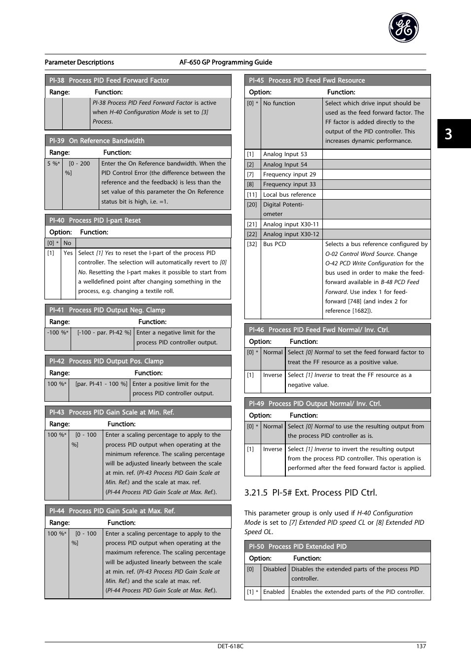 5 pi-5# ext. process pid ctrl | GE Industrial Solutions AF-650 GP General Purpose Drive Programming Guide User Manual | Page 138 / 175