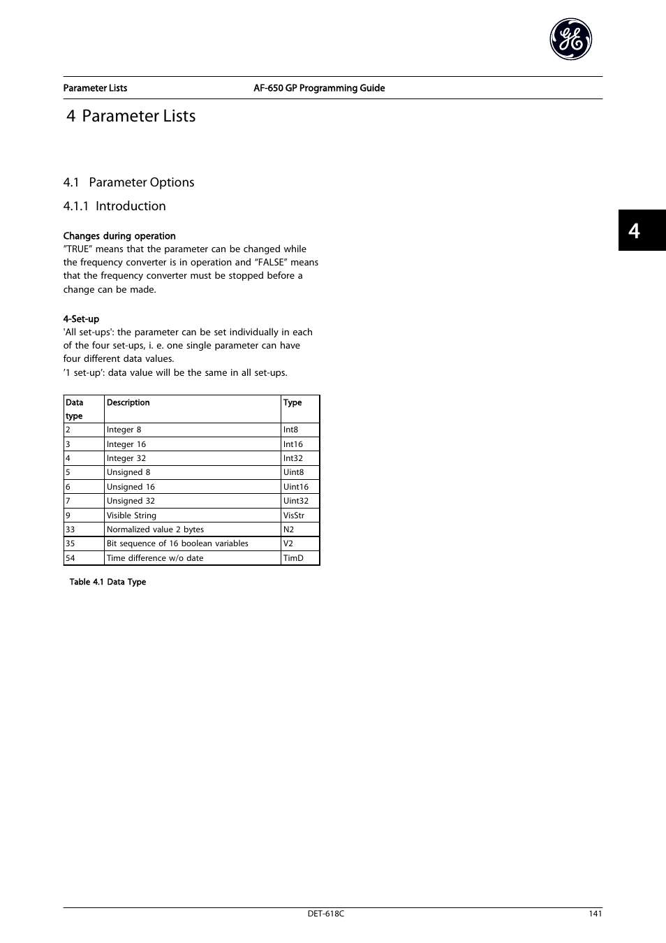 4 parameter lists, 1 parameter options, 1 introduction | 1 parameter options 4.1.1 introduction | GE Industrial Solutions AF-650 GP General Purpose Drive Programming Guide User Manual | Page 142 / 175