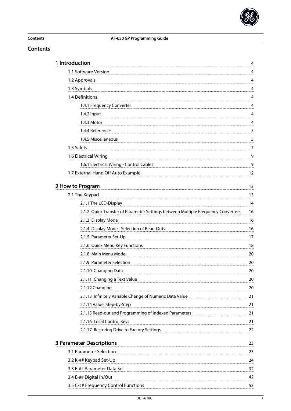 Contents 1 introduction, 2 how to program, 3 parameter descriptions | GE Industrial Solutions AF-650 GP General Purpose Drive Programming Guide User Manual | Page 2 / 175