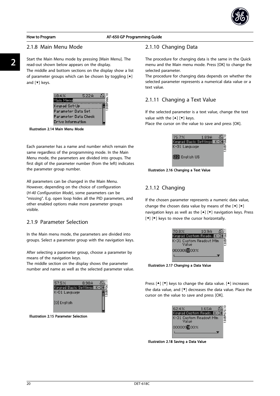 8 main menu mode, 9 parameter selection, 10 changing data | 11 changing a text value, 12 changing | GE Industrial Solutions AF-650 GP General Purpose Drive Programming Guide User Manual | Page 21 / 175