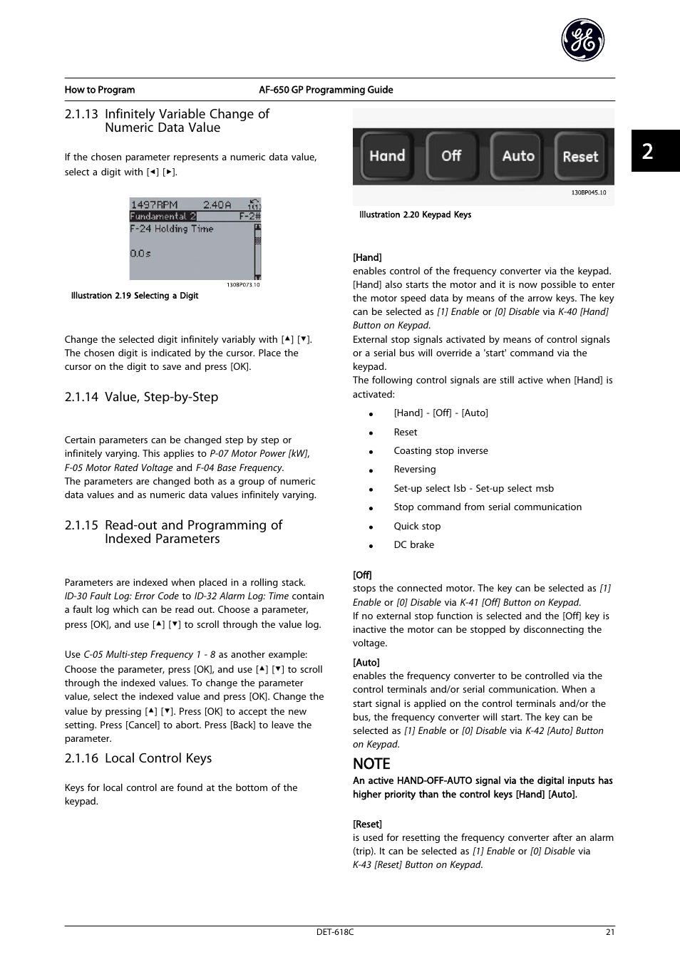 14 value, step-by-step, 15 read-out and programming of indexed parameters, 16 local control keys | GE Industrial Solutions AF-650 GP General Purpose Drive Programming Guide User Manual | Page 22 / 175