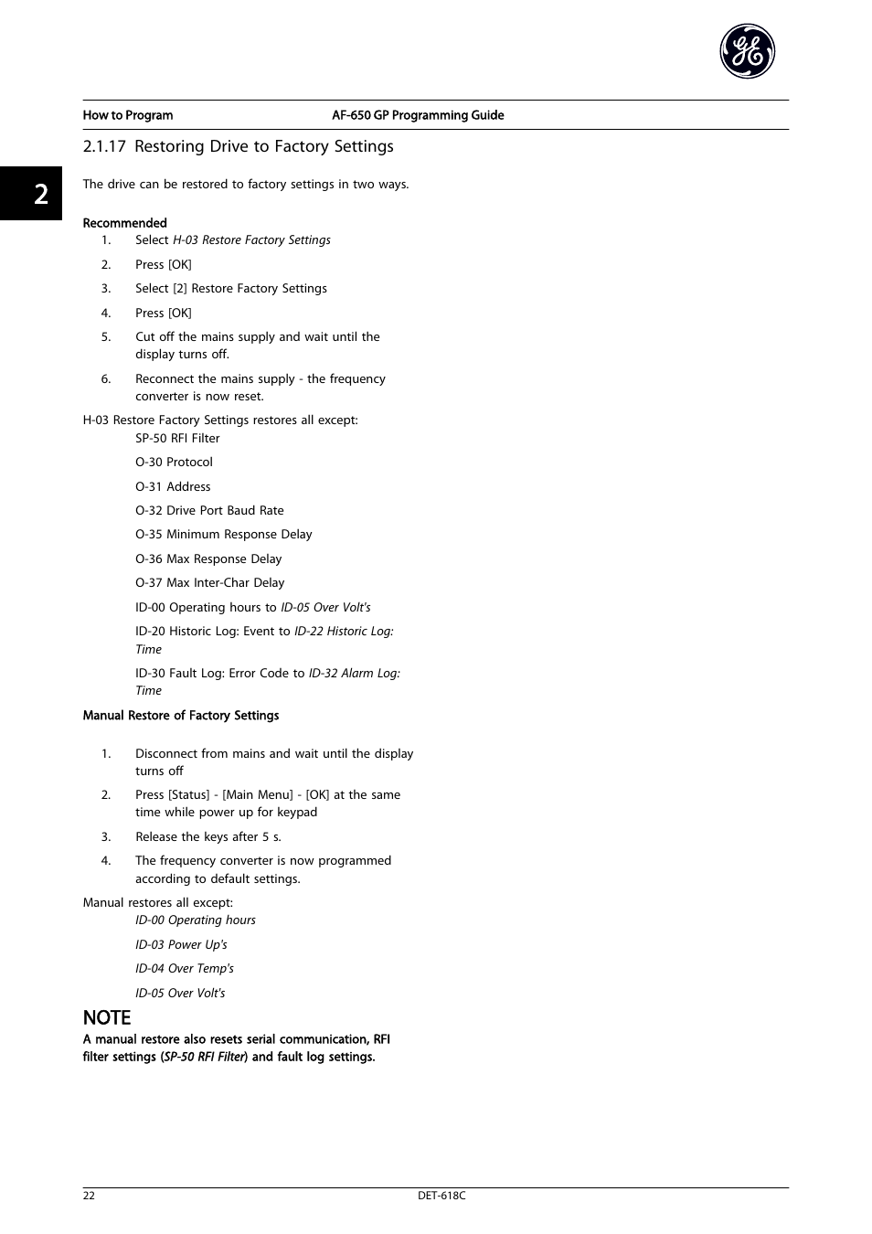 17 restoring drive to factory settings | GE Industrial Solutions AF-650 GP General Purpose Drive Programming Guide User Manual | Page 23 / 175