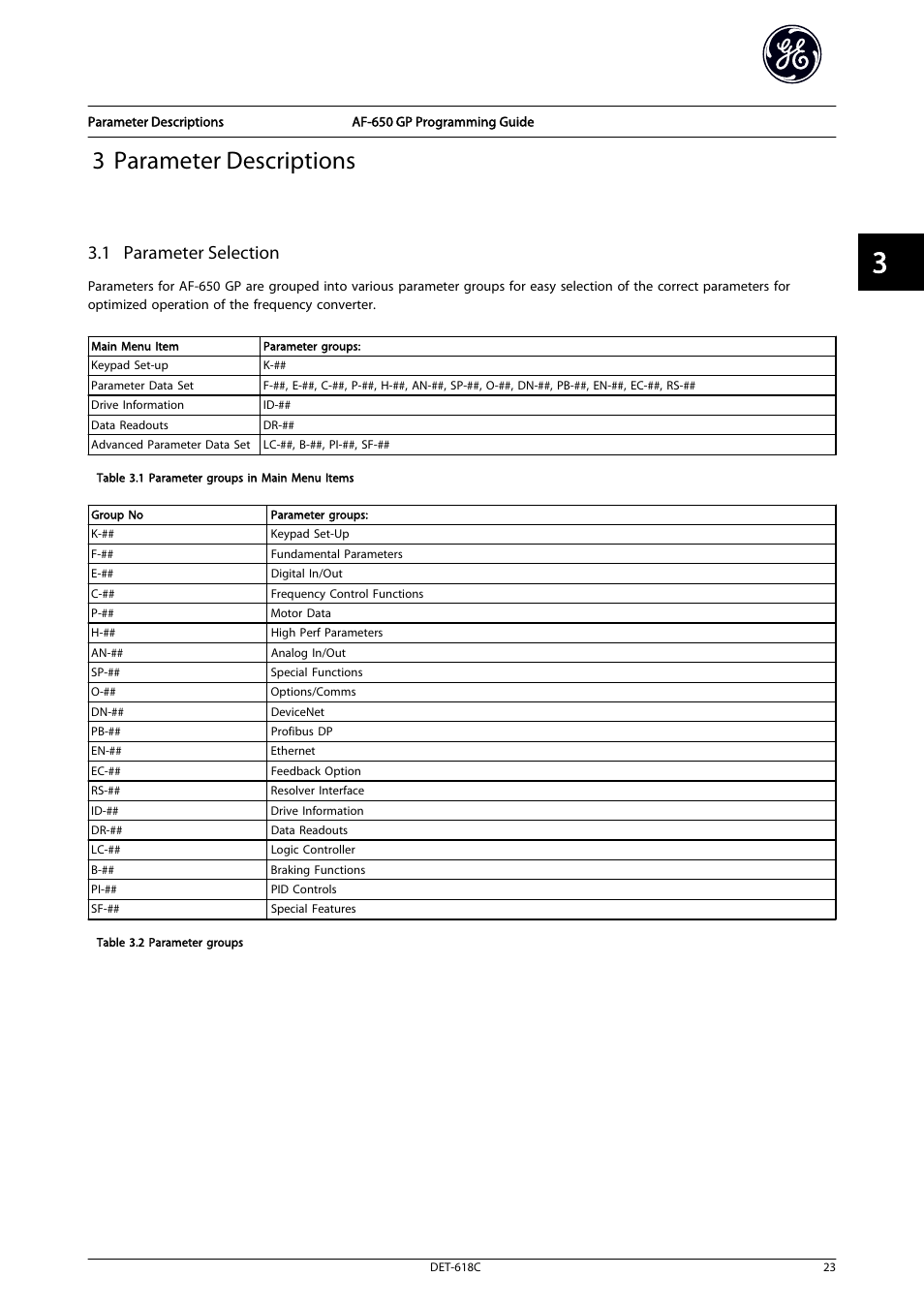 3 parameter descriptions, 1 parameter selection | GE Industrial Solutions AF-650 GP General Purpose Drive Programming Guide User Manual | Page 24 / 175