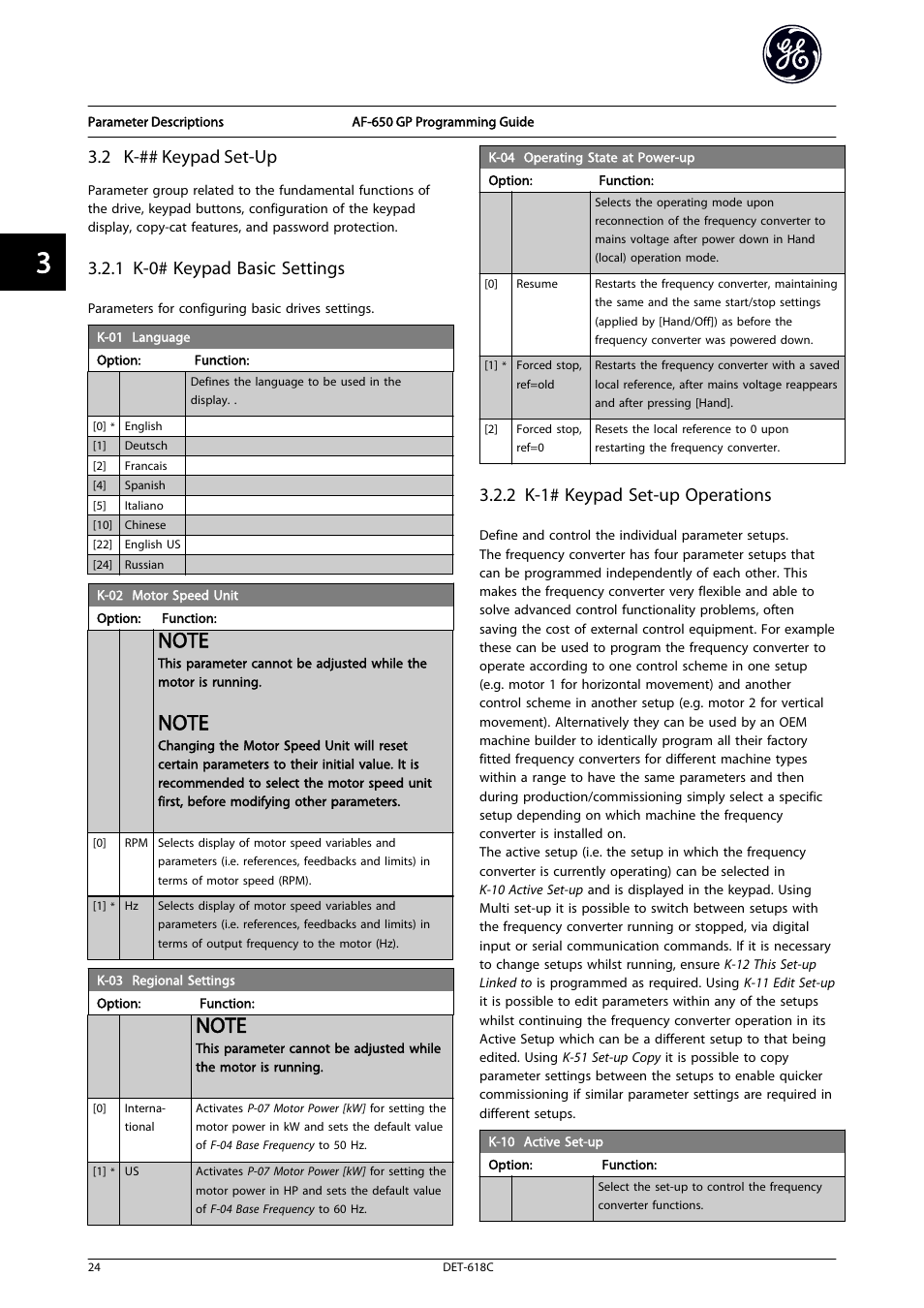 2 k-## keypad set-up, K-10 active set-up, 1 language | 1 k-0# keypad basic settings, 2 k-1# keypad set-up operations | GE Industrial Solutions AF-650 GP General Purpose Drive Programming Guide User Manual | Page 25 / 175
