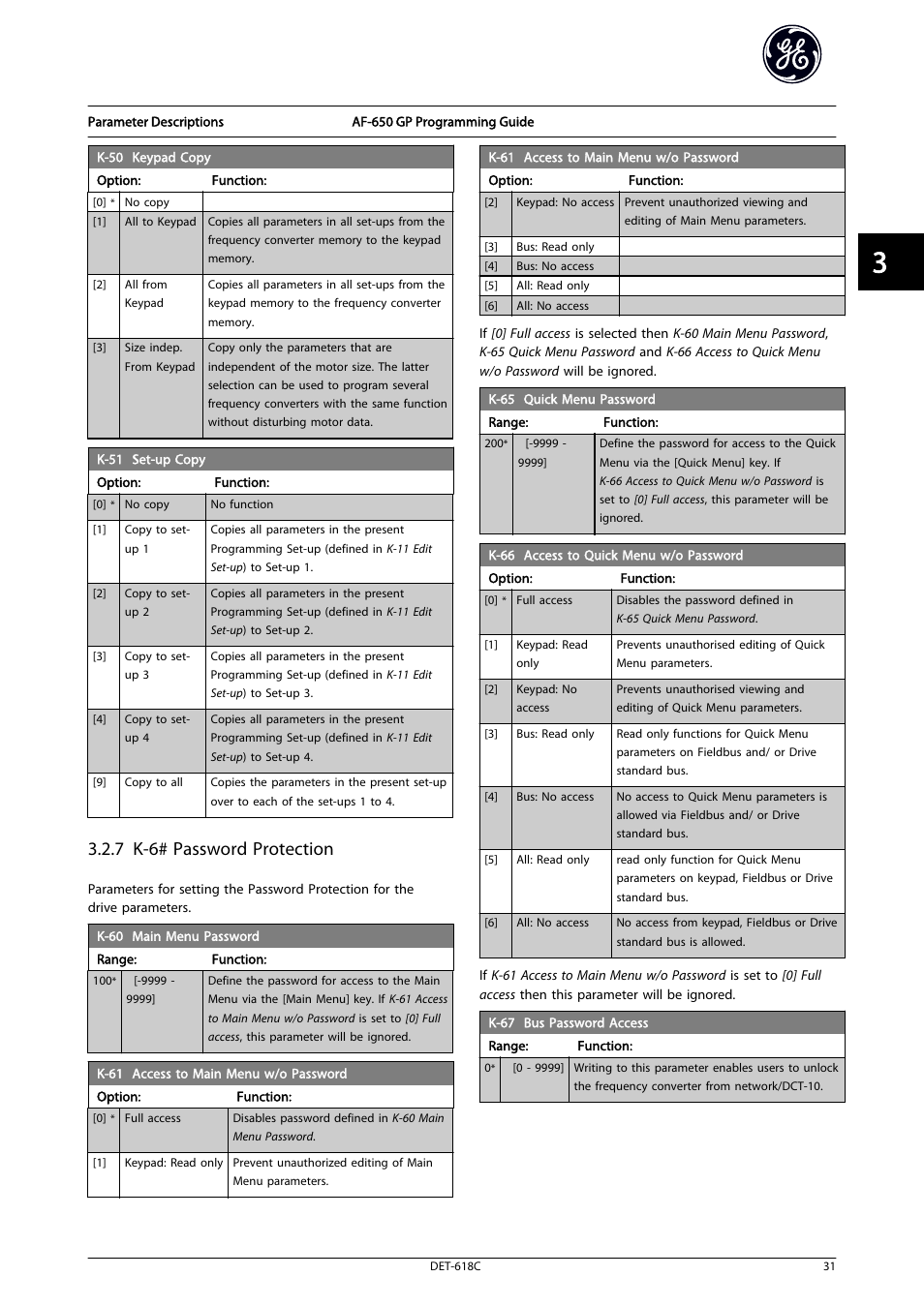 K-51 set-up copy, K-51 set-up copy to, 60 main | Menu password, Quick, K-65 quick menu password, K-65 quick, 7 k-6# password protection | GE Industrial Solutions AF-650 GP General Purpose Drive Programming Guide User Manual | Page 32 / 175