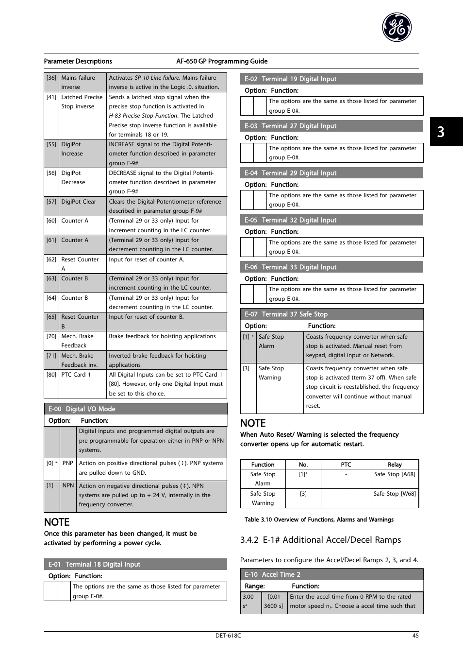 E-10 accel, Time 2, 10 accel time 2 | 2 e-1# additional accel/decel ramps | GE Industrial Solutions AF-650 GP General Purpose Drive Programming Guide User Manual | Page 46 / 175
