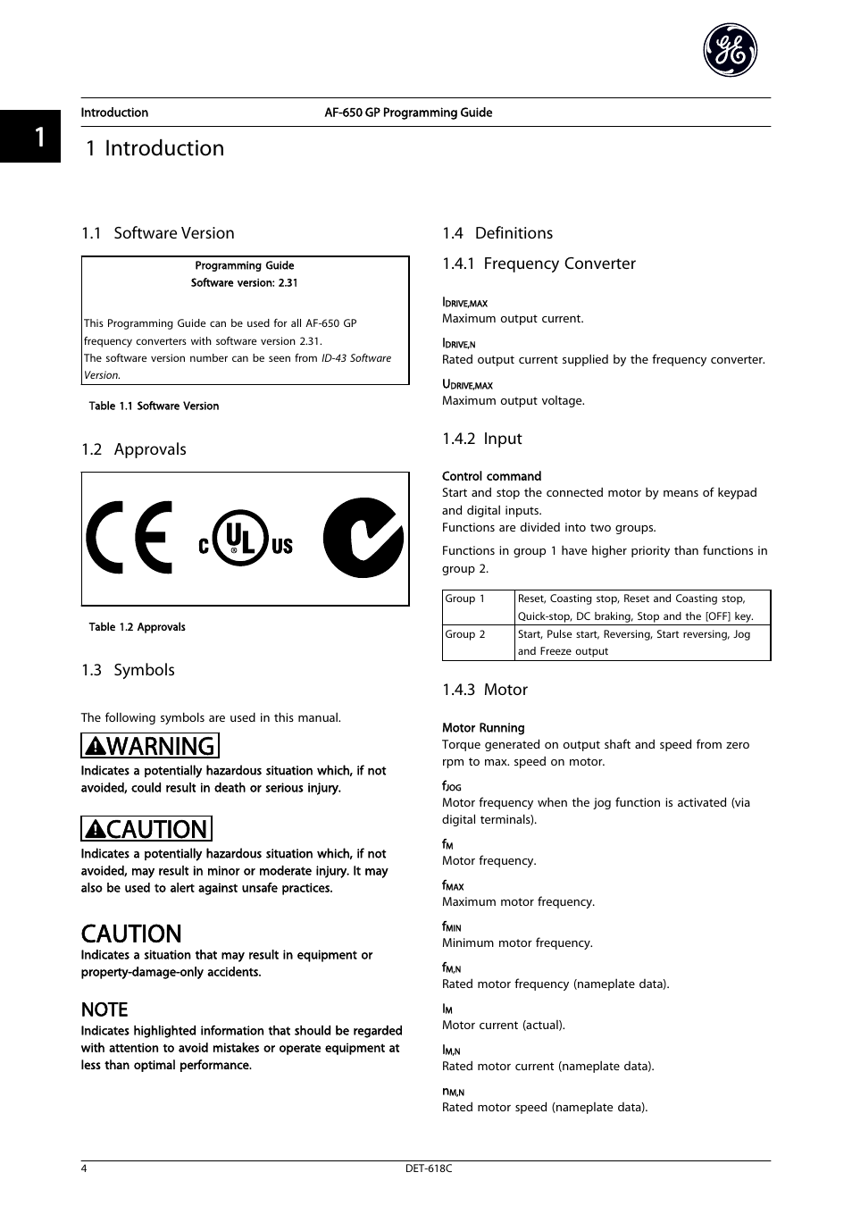 1 introduction, 1 software version, 2 approvals | 3 symbols, 4 definitions, 1 frequency converter, 2 input, 3 motor, Warning, Caution | GE Industrial Solutions AF-650 GP General Purpose Drive Programming Guide User Manual | Page 5 / 175