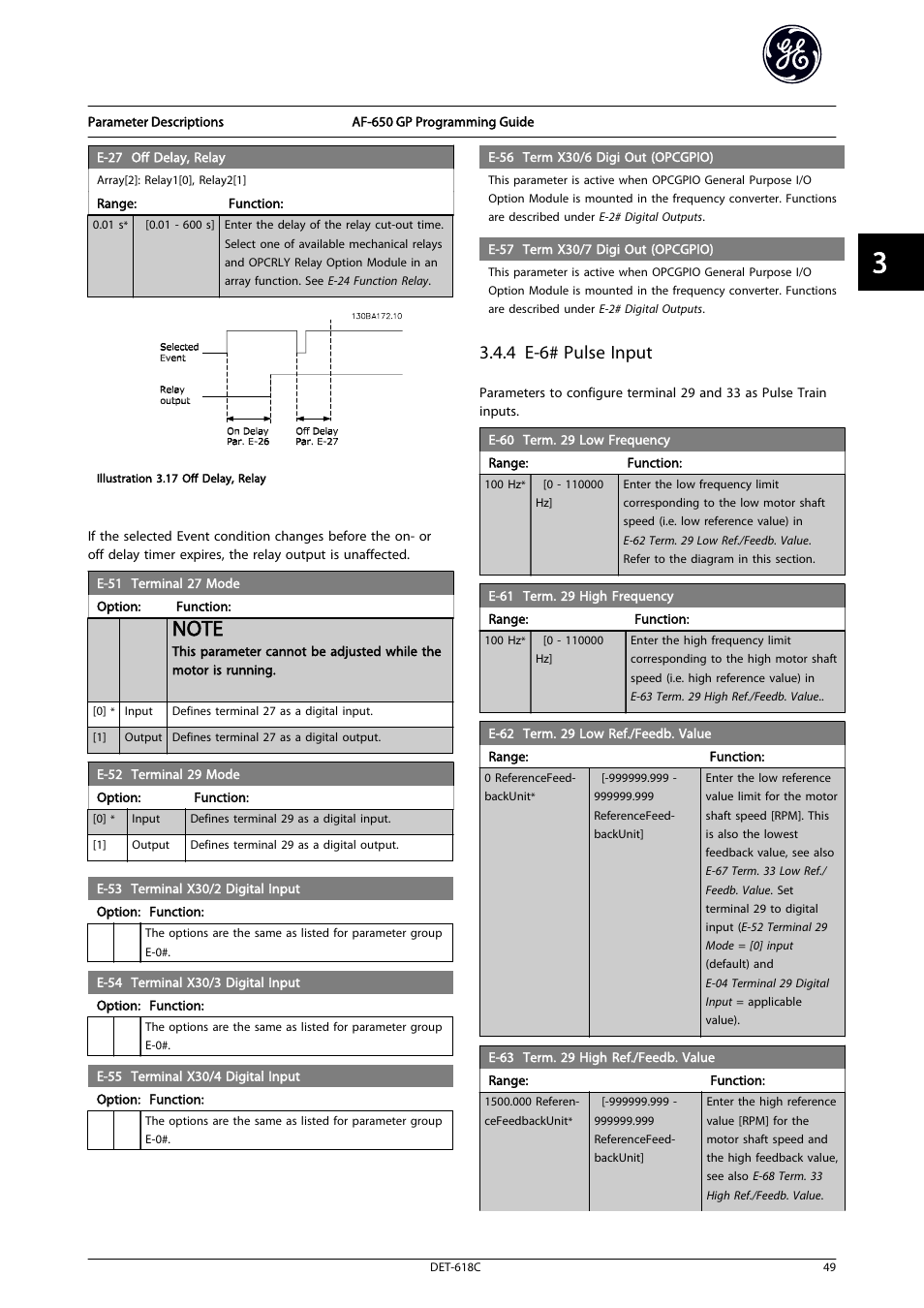 Terminal 27 mode, E-52 terminal 29 mode . t, 4 e-6# pulse input | GE Industrial Solutions AF-650 GP General Purpose Drive Programming Guide User Manual | Page 50 / 175