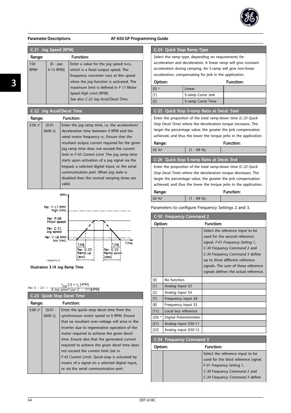 Frequency command 2, C-34 frequency command 3, C-30 frequency command 2 | C-23 quick stop decel time . w | GE Industrial Solutions AF-650 GP General Purpose Drive Programming Guide User Manual | Page 55 / 175
