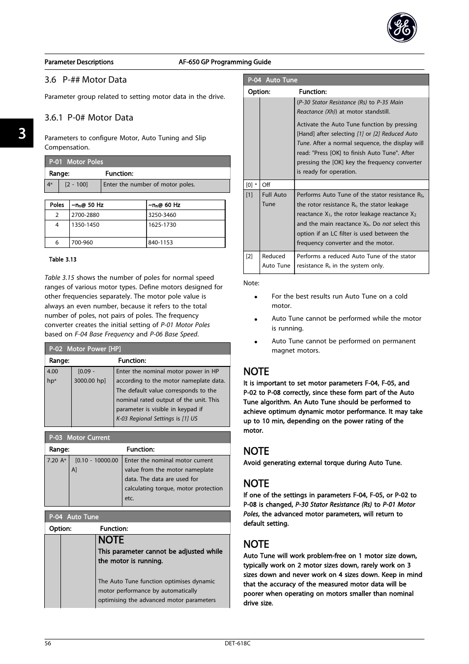 6 p-## motor data, Motor power [hp, Motor current | 4 auto tune, 02 motor power [hp, 3 motor current, Auto tune, 1 p-0# motor data | GE Industrial Solutions AF-650 GP General Purpose Drive Programming Guide User Manual | Page 57 / 175