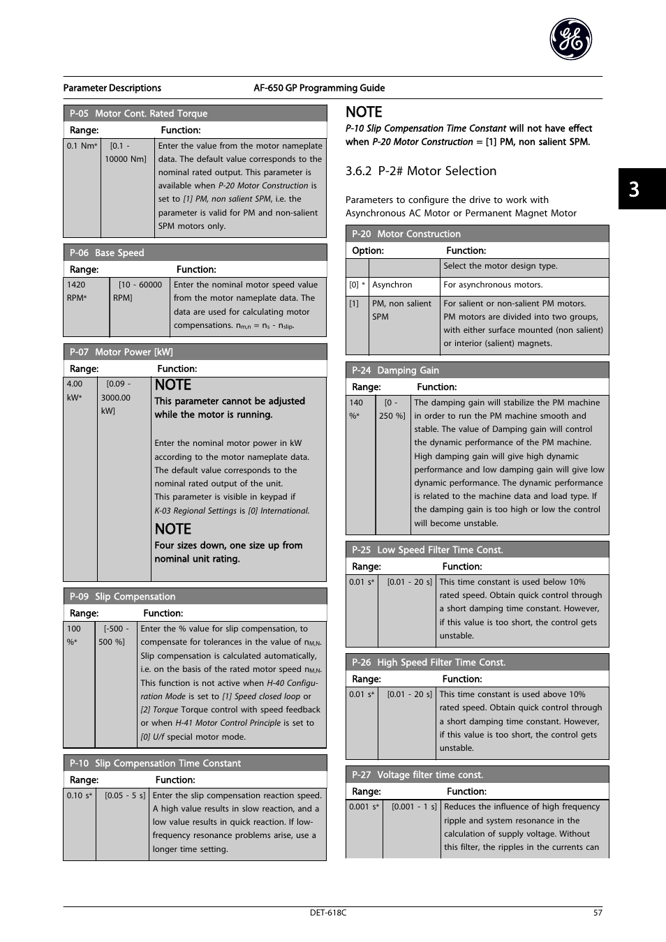 Motor power [kw, Base speed, P-07 motor | Power [kw, 6 base speed, P-07 motor power [kw, P-06 base speed, 2 p-2# motor selection | GE Industrial Solutions AF-650 GP General Purpose Drive Programming Guide User Manual | Page 58 / 175